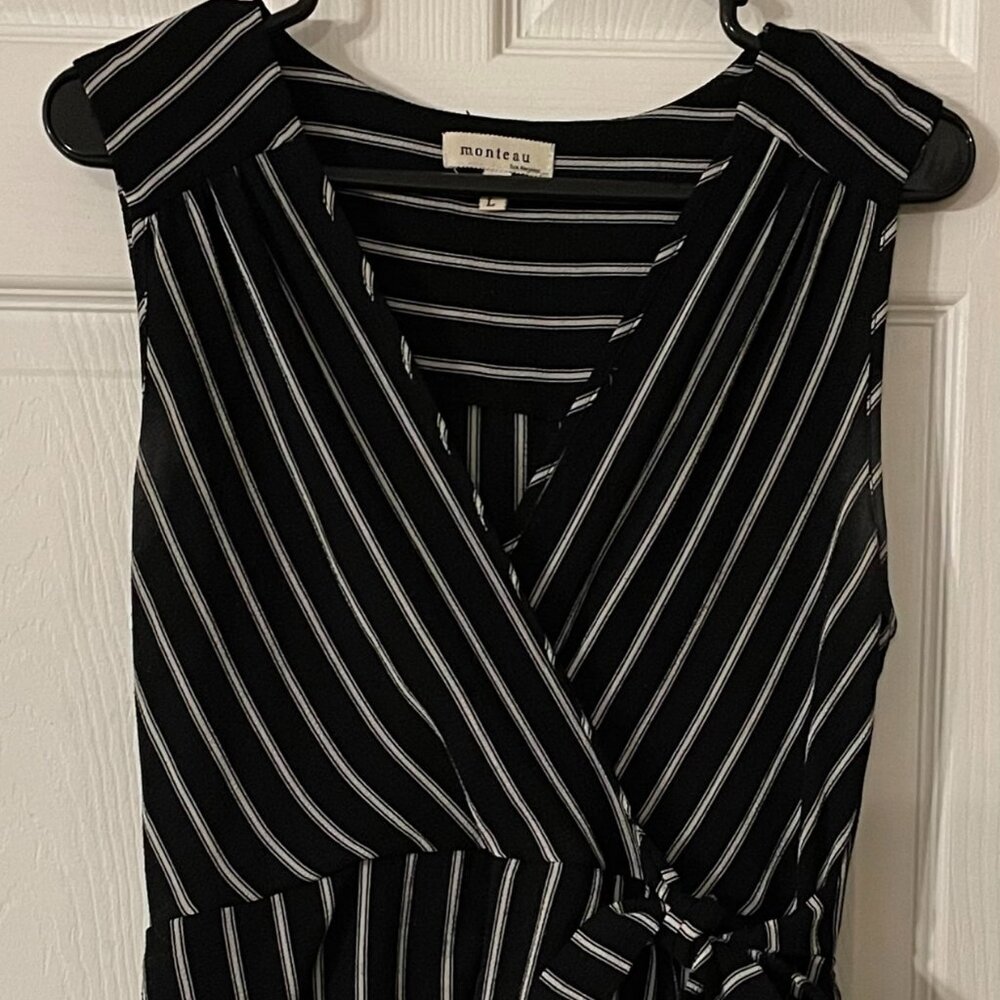 Monteau Women’s Black Striped Faux Wrap Dress Knee V Neck